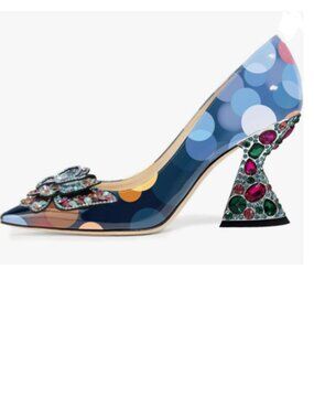 YDN Blue Halo Butterfly Pumps Colorful Crystal High Heels Studded Slip On Shoe